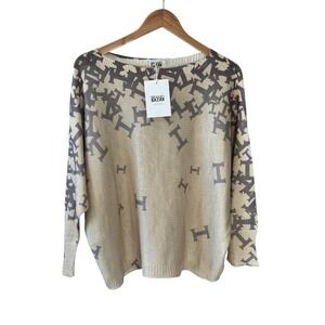 Brand Bazar Italy Womens Metallic Monogram H Knit Sweater Gold Grey NWT One Size